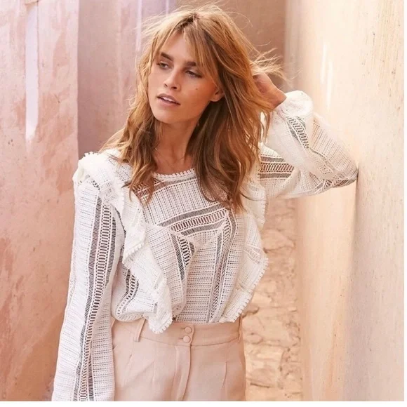 Sezane Lace Love Blouse 100% Cotton Ivory White Ruffled Open Knit French Girl - Picture 9 of 9